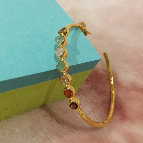 Shaanti Natural Gemstone Encrusted Hoop Earrings Gold Toned Alloy NWT 1.75” hoop - Picture 7 of 11